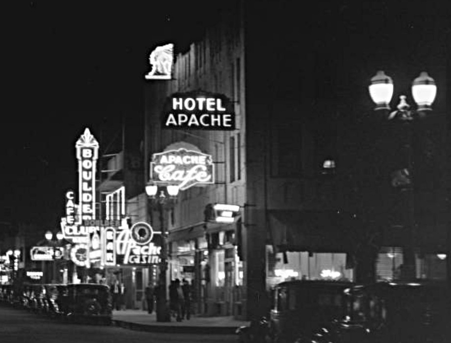 Night falls on Fremont Street in the late 1930’s or early 40’s. The Apache Casino was open from 1932 to 1941.  Courtesy UNLV Digital Collection    